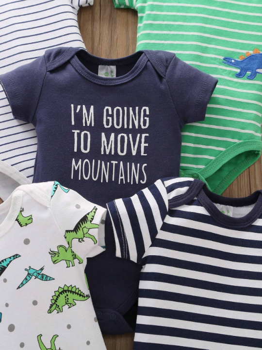 5pcs/Set Newborn Baby Boys' Striped Slogan Dinosaur Printed Triangle Romper