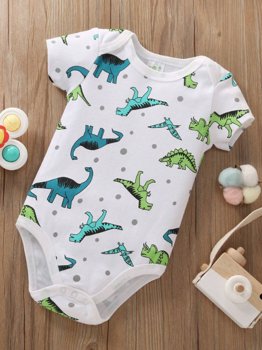 5pcs/Set Newborn Baby Boys' Striped Slogan Dinosaur Printed Triangle Romper