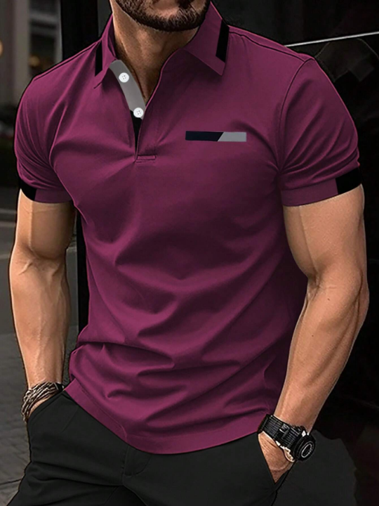 Manfinity Men's Color Block Button Design Half-Open Collar Polo Shirt