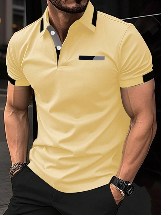 Manfinity Men's Colorblock Button Placket Half-Open Short-Sleeved Polo Shirt