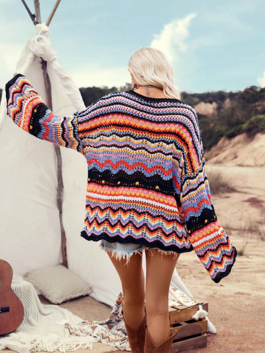 Women's Colorful Wave Pattern Drop Shoulder Sweater, Great For Vacation