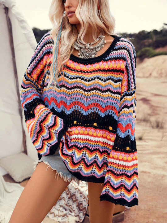 Women's Colorful Wave Pattern Drop Shoulder Sweater, Great For Vacation