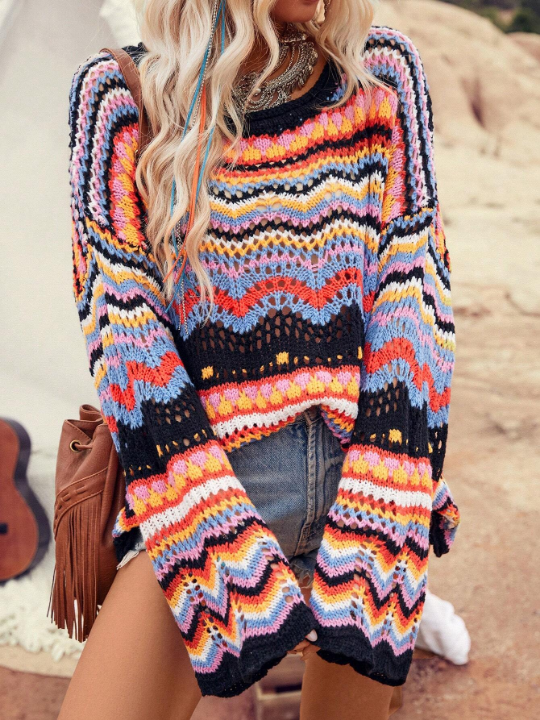 Women's Colorful Wave Pattern Drop Shoulder Sweater, Great For Vacation