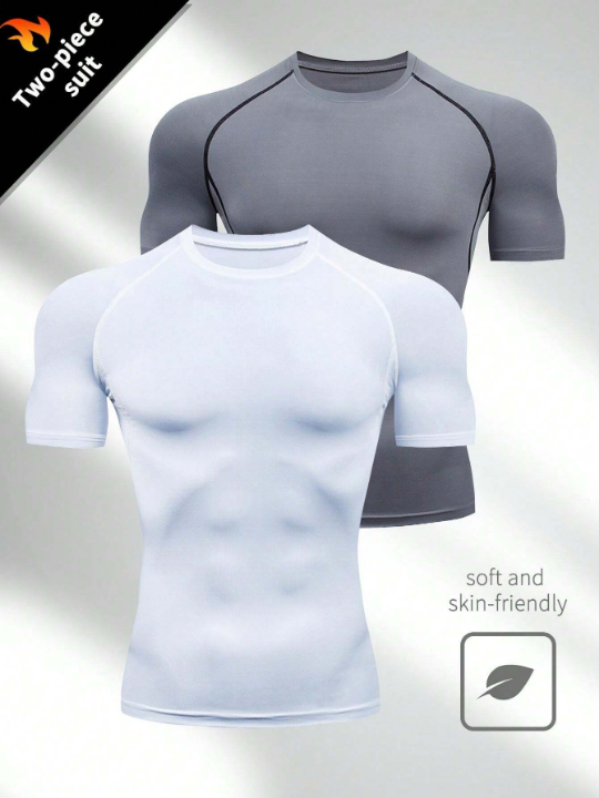 2pcs Men's Sports Training Compression Quick-Drying Short Sleeve Shirt, Running Workout Tee