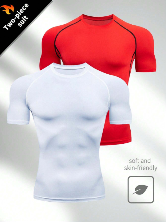 2pcs Men's Fitness High Elastic Tight-Fitting Quick Dry Breathable Short-Sleeve Sports T-Shirt