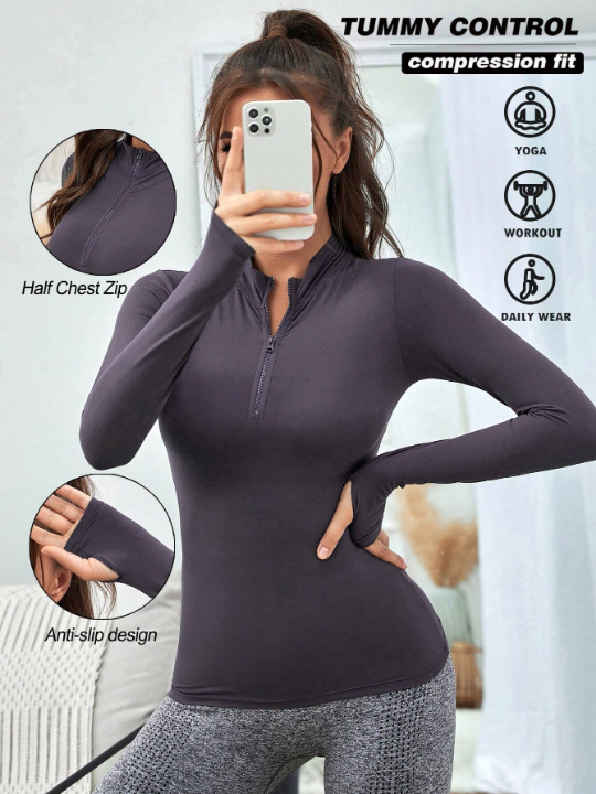 Yoga Basic Half Zipper Thumb Hole Sports Pullover