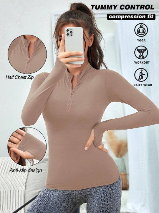 Yoga Basic Half Zip Thumb Holes Sports Sweatshirt