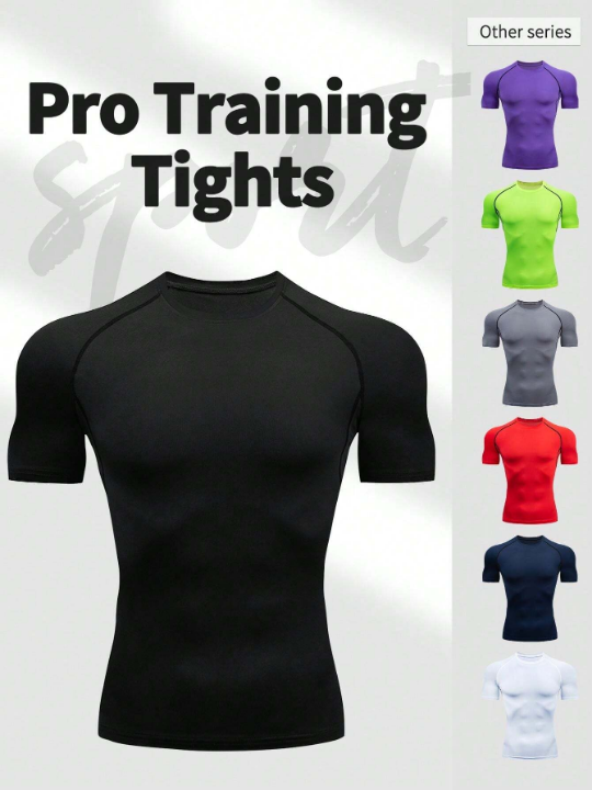 Men's Sport Fitness Tight Short Sleeve T-Shirt, Round Neck, Moisture Wicking, Solid Color Basic Workout Tee For Running Gym Training Gym Clothes Men Basic T Shirt