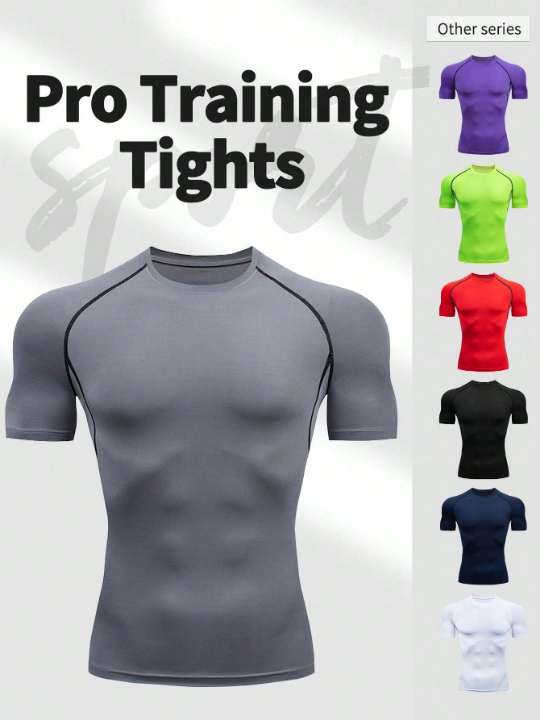 Men's Sports & Fitness Slim Fit Moisture Wicking Round Neck Short Sleeve, Solid Color Training Workout & Running Compression Top Gym Clothes Men Spring Tops Basic T Shirt