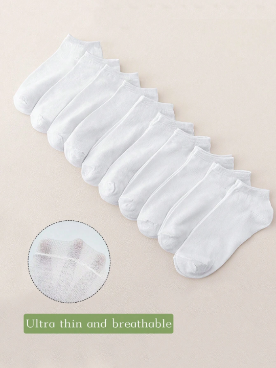 10pairs Women's Basic White Boat Socks, Thin Breathable Socks Set Suitable For Business And Casual Wear In Summer