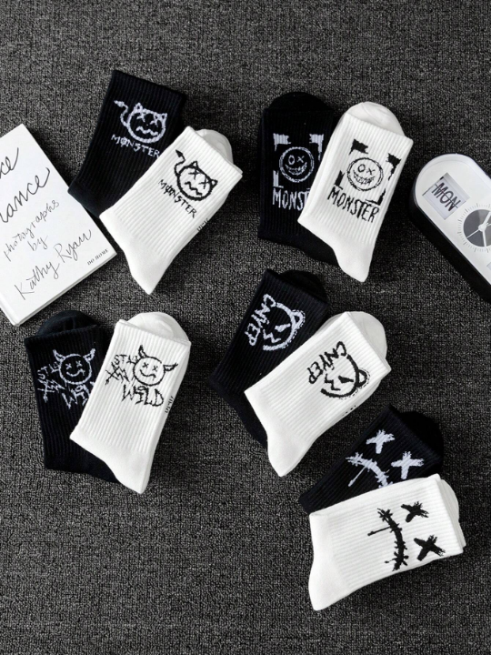 10pairs/Set Random Men's Creatively Cute & Funny Graffiti Trendy Mid-Calf Couple Socks (Black & White)