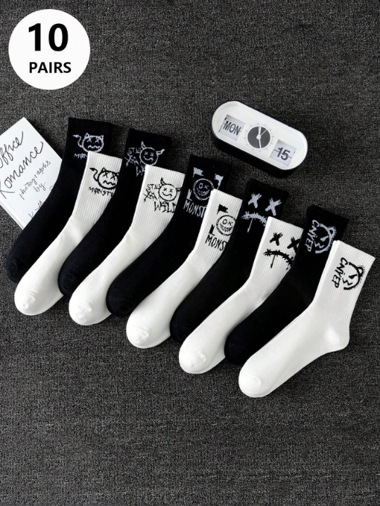 10pairs/Set Random Men's Creatively Cute & Funny Graffiti Trendy Mid-Calf Couple Socks (Black & White)