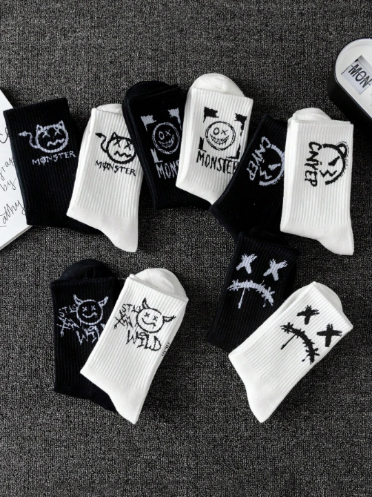 10pairs/Set Random Men's Creatively Cute & Funny Graffiti Trendy Mid-Calf Couple Socks (Black & White)