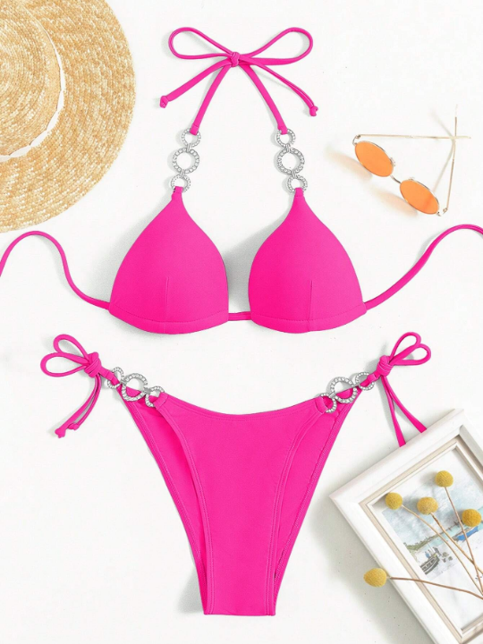 Solid Color Rhinestone Accent Two-Piece Swimwear Set, String Bikini Swimsuit Bathing Suit Beach Outfit Music Festival Summer Vacation