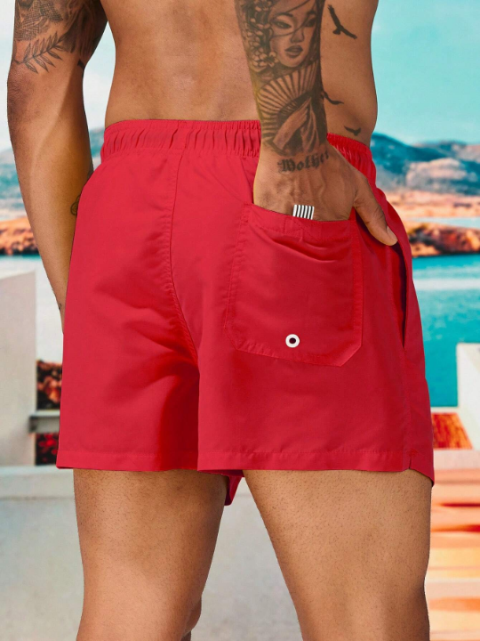 Manfinity Swimmode Men's Drawstring Waist Patch Pocket Beach Shorts Summer Swimming,Surfing,Beach