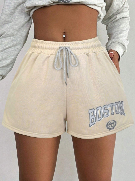 Essnce Drawstring Waist Letter Print Shorts