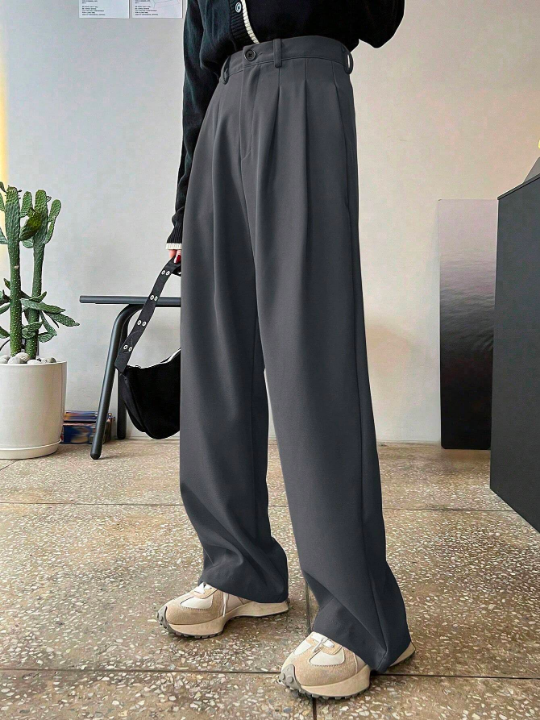 DAZY Solid Color Pleated Slant Pocket Straight-Leg Pants