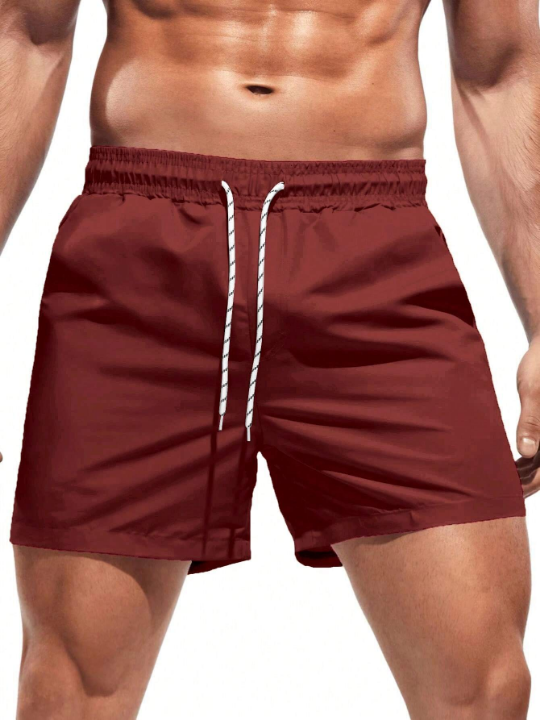 Manfinity Swimmode Solid Color Men's Beach Shorts With Drawstring Waist, For Summer, Swimming