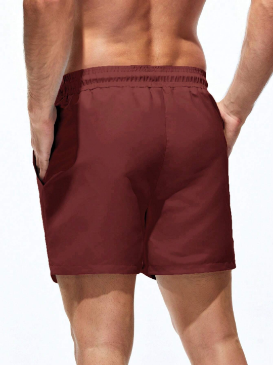 Manfinity Swimmode Solid Color Men's Beach Shorts With Drawstring Waist, For Summer, Swimming