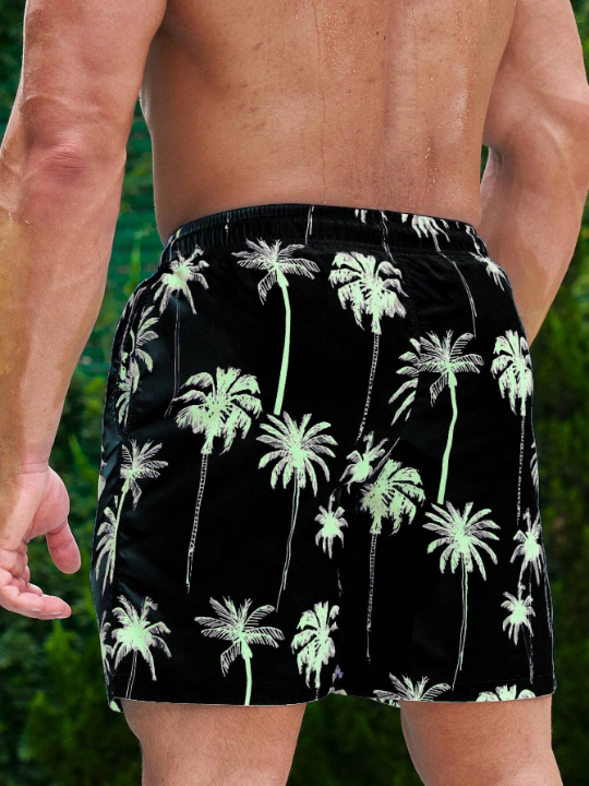 Manfinity Men's Coconut Tree Printed Drawstring Waist Beach Shorts