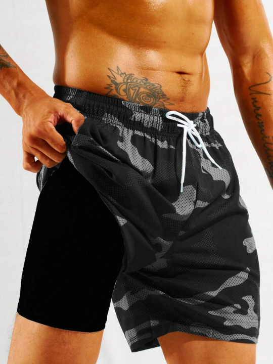 Manfinity Swimmode Men's Camouflage Print Drawstring Waist Beach Shorts