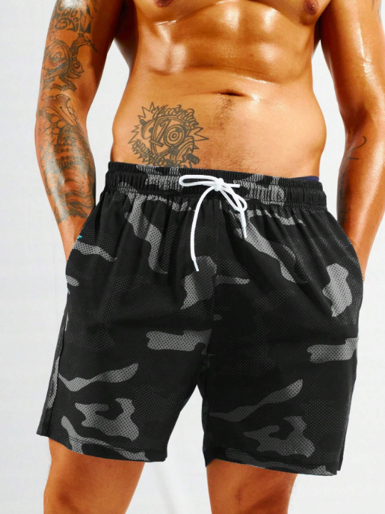 Manfinity Swimmode Men's Camouflage Print Drawstring Waist Beach Shorts