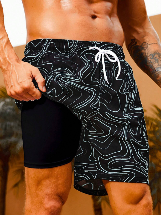 Manfinity Men's Beach Shorts With Drawstring Waist And Wavy Pattern