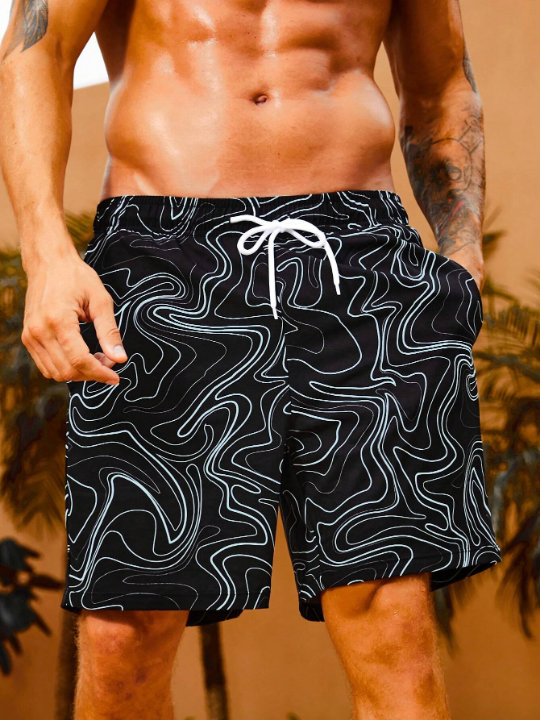 Manfinity Men's Beach Shorts With Drawstring Waist And Wavy Pattern