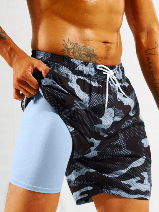 Manfinity Men's Camouflage Print Breathable Drawstring Waist Beach Shorts