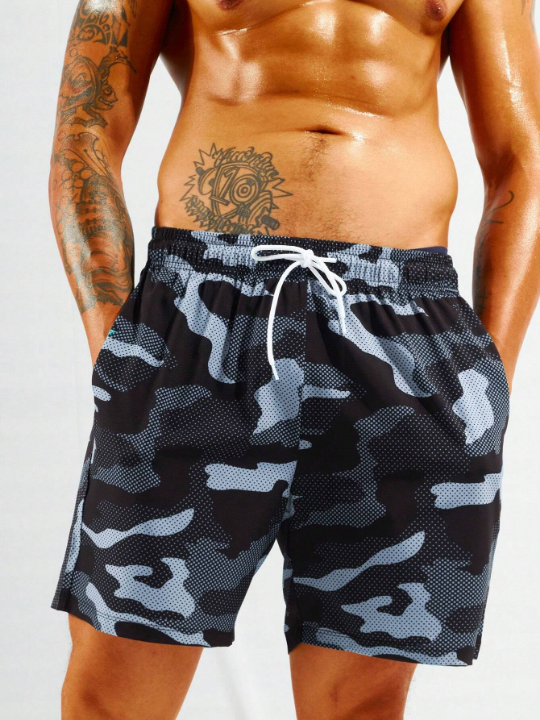 Manfinity Men's Camouflage Print Breathable Drawstring Waist Beach Shorts