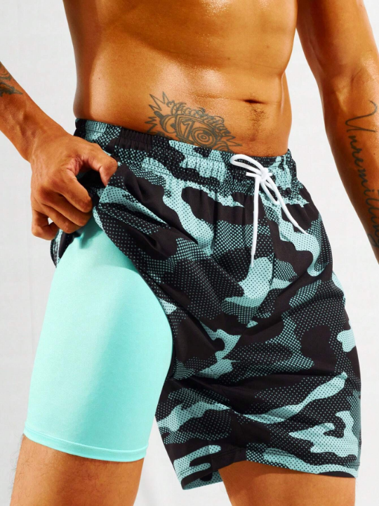 Manfinity Swimmode Men's Camouflage Print Drawstring Waist Beach Shorts