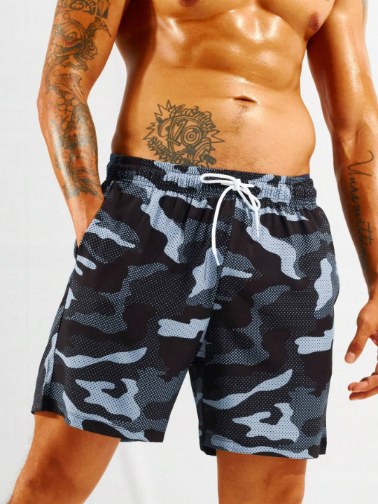 Manfinity Men's Camouflage Print Breathable Drawstring Waist Beach Shorts