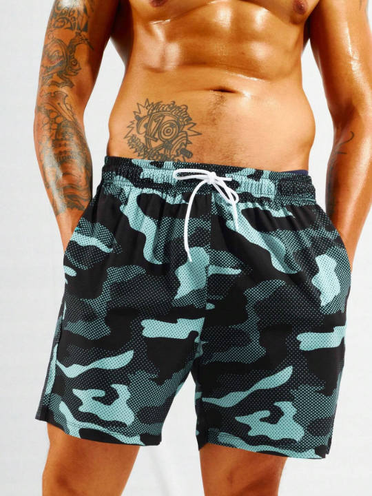 Manfinity Swimmode Men's Camouflage Print Drawstring Waist Beach Shorts