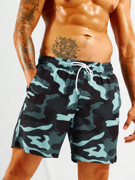 Manfinity Swimmode Men's Camouflage Print Drawstring Waist Beach Shorts