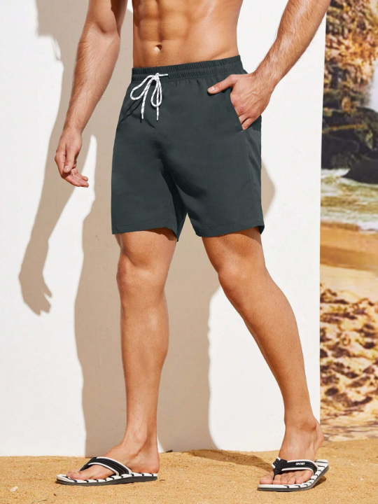 Manfinity Swimmode Men's Solid Color Drawstring Waist Beach Shorts Summer Swimming,Surfing,Beach