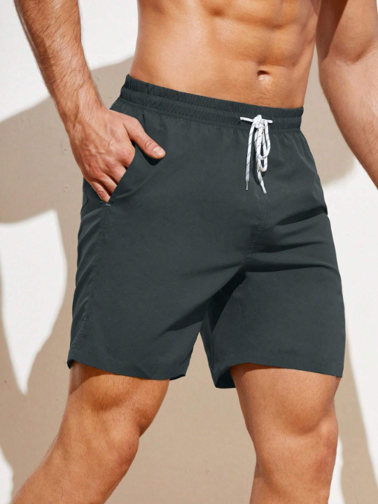 Manfinity Swimmode Men's Solid Color Drawstring Waist Beach Shorts Summer Swimming,Surfing,Beach