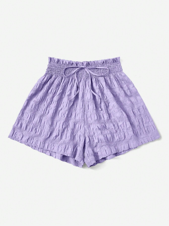 EZwear Woven Solid Color Textured Drawstring High Waist Shorts