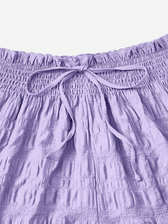 EZwear Woven Solid Color Textured Drawstring High Waist Shorts