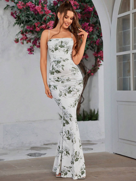 PARTHEA Backless Boning Ruched Mermaid Hem Floral Print Bodycon Long Dress