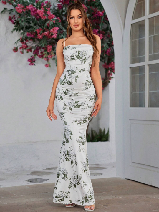 PARTHEA Backless Boning Ruched Mermaid Hem Floral Print Bodycon Long Dress