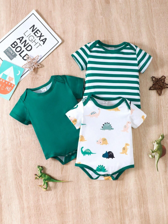 Baby Boy Dinosaur Striped Printed Stitched Romper With Solid Color