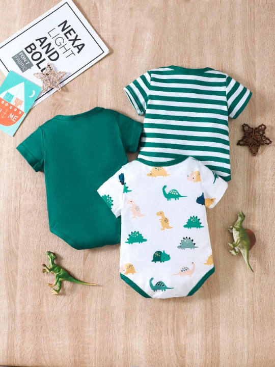 Baby Boy Dinosaur Striped Printed Stitched Romper With Solid Color