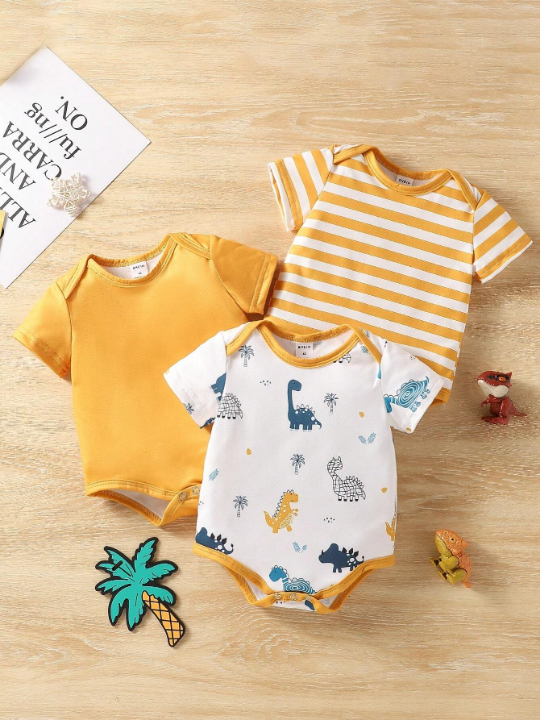 Baby Boy Dinosaur Stripe Print With Solid Color Romper