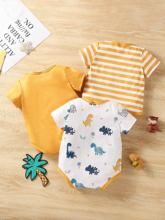 Baby Boy Dinosaur Stripe Print With Solid Color Romper