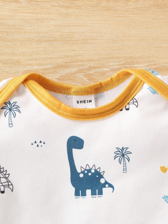 Baby Boy Dinosaur Stripe Print With Solid Color Romper