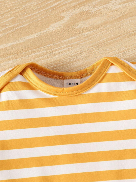 Baby Boy Dinosaur Stripe Print With Solid Color Romper