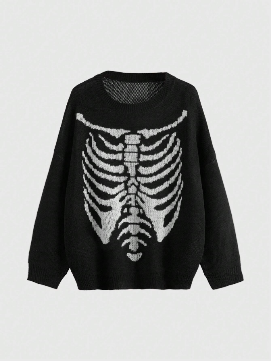 ROMWE Goth Skeleton Pattern Drop Shoulder Sweater