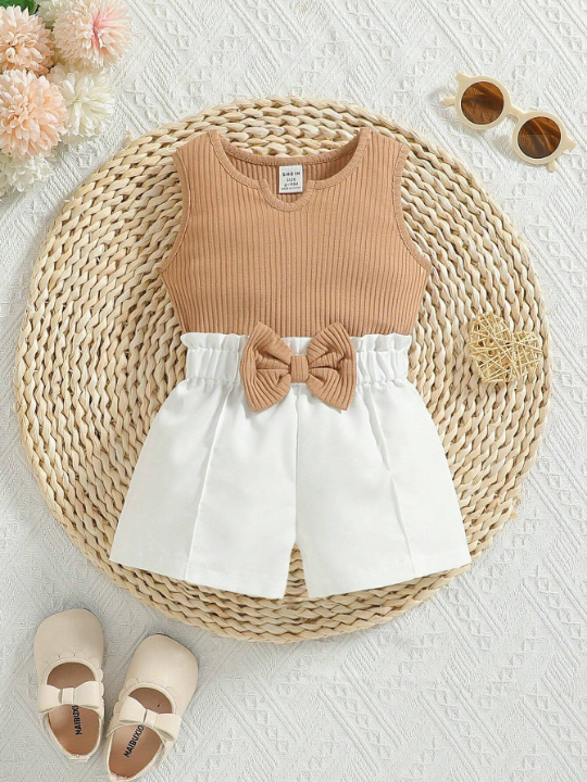 Baby Girl Solid Color Ribbed Tank Top And Bow Decorated Shorts