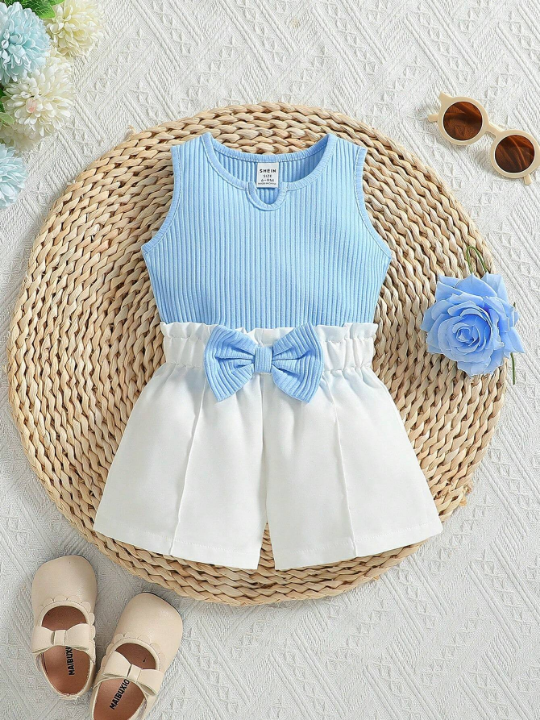 Baby Girl Solid Color Vest Top & Paper Bag Waist Shorts Set