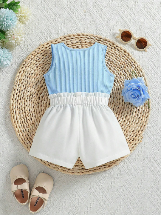 Baby Girl Solid Color Vest Top & Paper Bag Waist Shorts Set